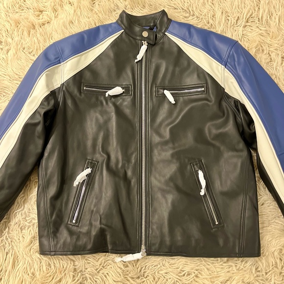 MBD ~ Colorblock Lamb Leather Jacket - Black, White, and Blue - Picture 3 of 6